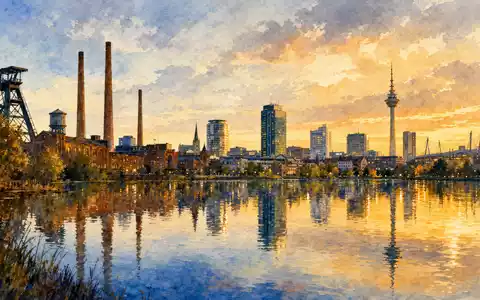 adesso SE Aktie DE000A0Z23Q5 Aquarell Dortmunder Skyline spiegelt sich im Phoenix-See SDAX Ruhrgebiet - Foto: THN