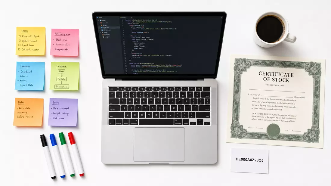 Flatlay: Laptop, Sticky Notes, Aktien-Zertifikat und ISIN-Karte DE000A0Z23Q5