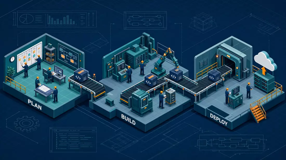 Isometrische Pipeline-Grafik: PLAN-BUILD-DEPLOY Softwarelieferung als Fabrik