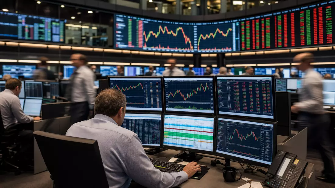 Frankfurter Börsenparkett mit SDAX-Technologie-Charts auf Händlerschirmen