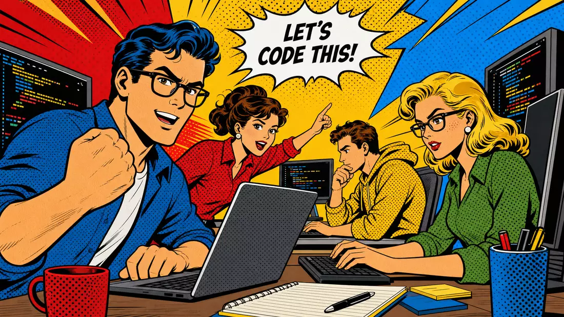Pop-Art-Comic: Stilisierte Entwickler mit Laptops und Sprechblase LET'S CODE