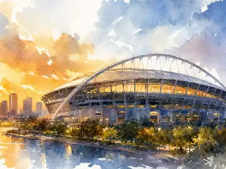 Adidas AG (DE000A1EWWW0) – Aquarellillustration eines modernen Sportstadions im warmen Abendlicht der Goldstunde - Foto: THN