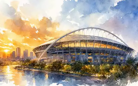 Adidas AG (DE000A1EWWW0) – Aquarellillustration eines modernen Sportstadions im warmen Abendlicht der Goldstunde - Foto: THN