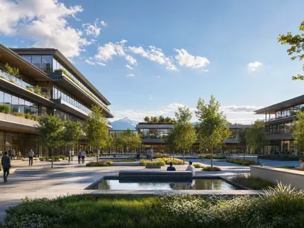 Adidas AG (DE000A1EWWW0) – Architektur-CGI-Render des modernen Unternehmens-Campus in Herzogenaurach mit Grünanlagen - Foto: THN