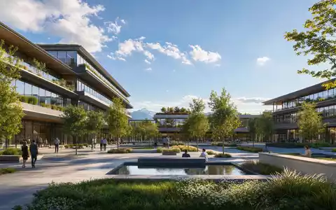Adidas AG (DE000A1EWWW0) – Architektur-CGI-Render des modernen Unternehmens-Campus in Herzogenaurach mit Grünanlagen - Foto: THN