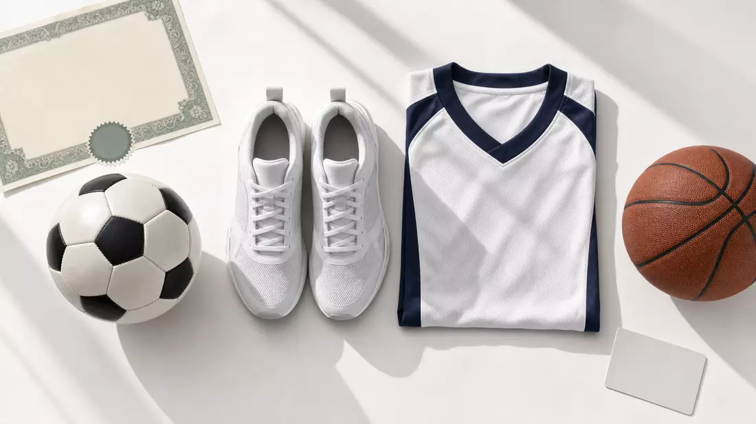 Flatlay Sportartikel mit Aktien-Zertifikat und ISIN-Karte, Adidas AG DE000A1EWWW0