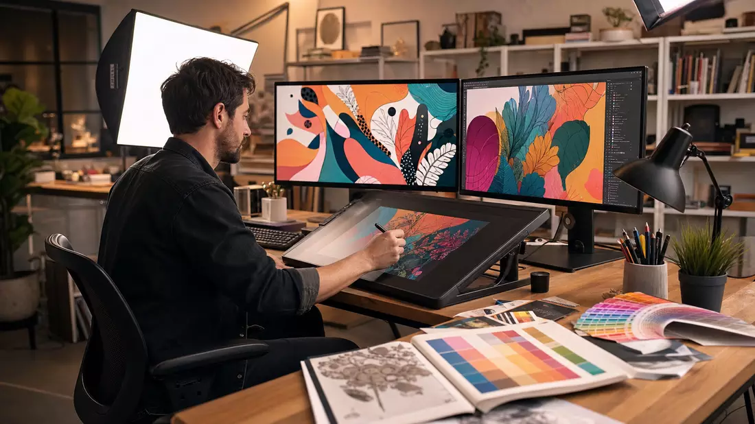 Grafikdesigner arbeitet an Wacom-Tablet mit Monitoren – Adobe Inc. US00724F1012