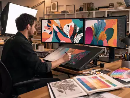Adobe Inc. Kreativsoftware-Unternehmen US00724F1012 zeigt Grafikdesigner am professionellen Wacom-Tablet mit großen Monitoren - Foto: THN