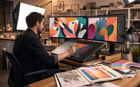Adobe Inc. Kreativsoftware-Unternehmen US00724F1012 zeigt Grafikdesigner am professionellen Wacom-Tablet mit großen Monitoren - Foto: THN