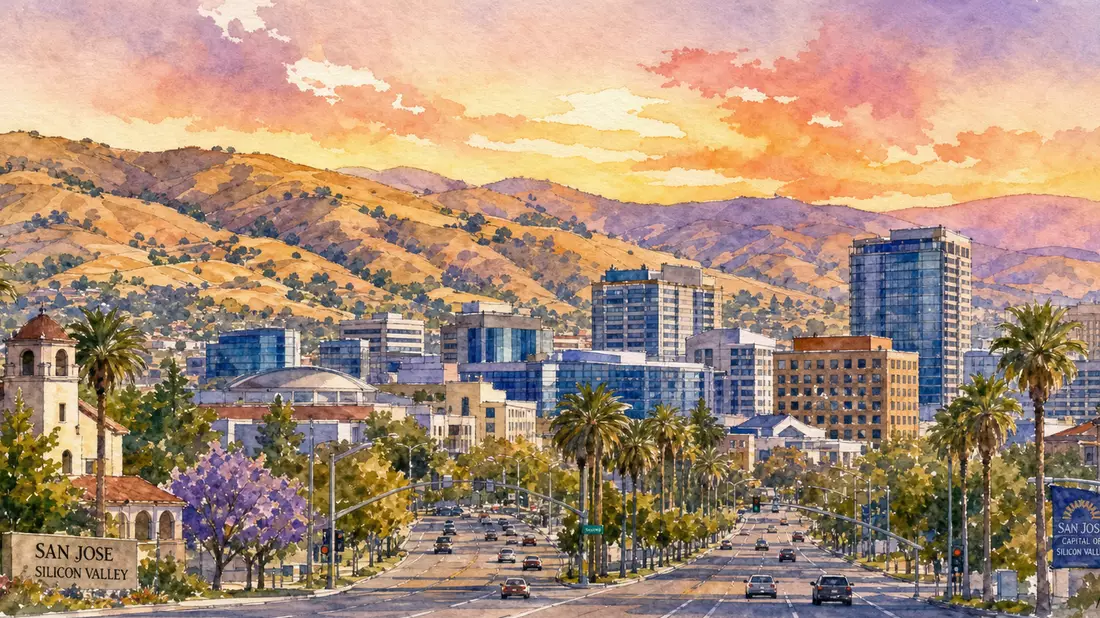 Aquarell-Stadtbild San Jose Silicon Valley bei Sonnenuntergang – Adobe Inc. US00724F1012