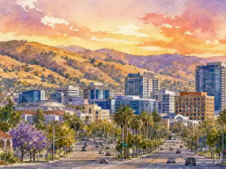 Adobe Inc. Heimatstadt San Jose Silicon Valley US00724F1012 als stimmungsvolles Aquarellgemälde bei Sonnenuntergang - Foto: THN