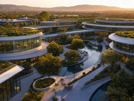 Adobe Inc. Tech-Campus US00724F1012 als fotorealistisches Architektur-Rendering mit modernen Glasgebäuden und Grünanlagen California - Foto: THN