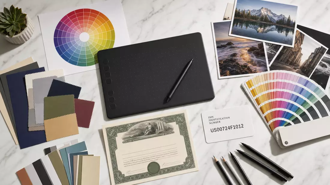 Flatlay mit Grafiktablet, Farbrad, Fotos und ISIN-Karte US00724F1012 – Adobe Inc