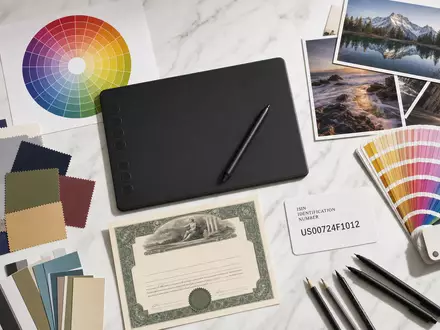 Adobe Inc. Kreativ-Werkzeuge US00724F1012 Flatlay mit Grafiktablet Farbkreis Fotos Aktienzertifikat und ISIN-Karte - Foto: THN
