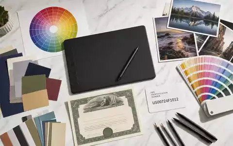 Adobe Inc. Kreativ-Werkzeuge US00724F1012 Flatlay mit Grafiktablet Farbkreis Fotos Aktienzertifikat und ISIN-Karte - Foto: THN