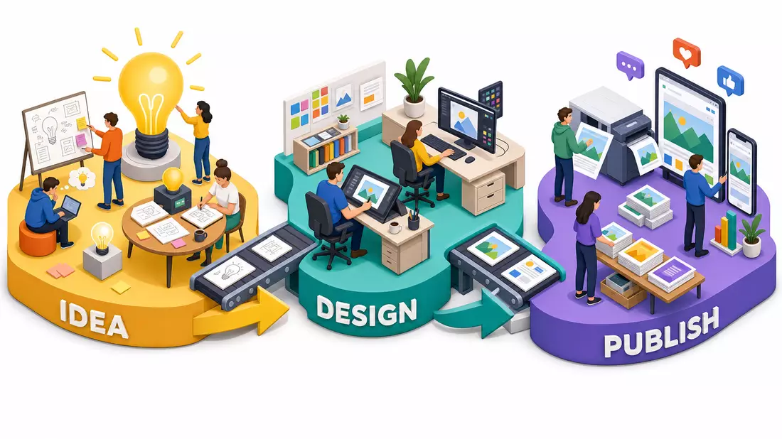 Isometrische Workflow-Illustration Idee–Design–Publish – Adobe Inc. US00724F1012