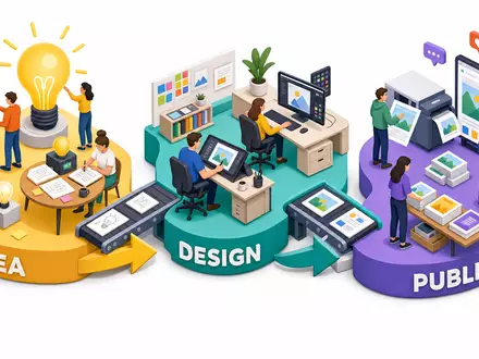 Adobe Inc. Kreativ-Workflow US00724F1012 isometrische 3D-Illustration zeigt Phasen Idee Design Publish als Plattforminseln - Foto: THN