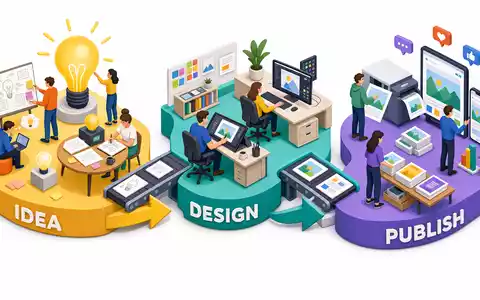 Adobe Inc. Kreativ-Workflow US00724F1012 isometrische 3D-Illustration zeigt Phasen Idee Design Publish als Plattforminseln - Foto: THN