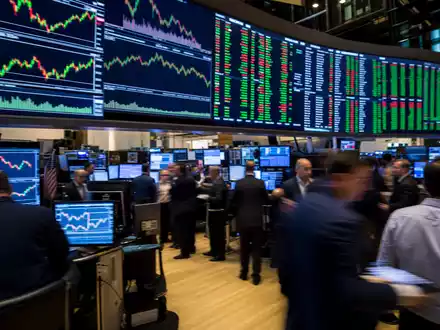 Adobe Inc. Aktie US00724F1012 im NASDAQ-Börsensaal Reportagefoto mit Händlern und Software-Chart-Bildschirmen an der Wand - Foto: THN