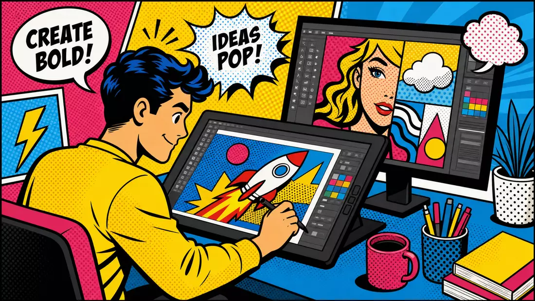 Pop-Art-Comic Grafik-Design-Szene im Lichtenstein-Stil – Adobe Inc. US00724F1012