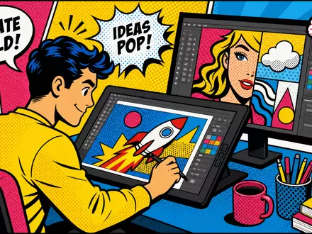 Adobe Inc. Grafik-Design US00724F1012 Pop-Art-Comic-Illustration mit stilisiertem Designer am Tablet im Lichtenstein-Stil - Foto: THN