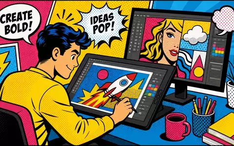 Adobe Inc. Grafik-Design US00724F1012 Pop-Art-Comic-Illustration mit stilisiertem Designer am Tablet im Lichtenstein-Stil - Foto: THN