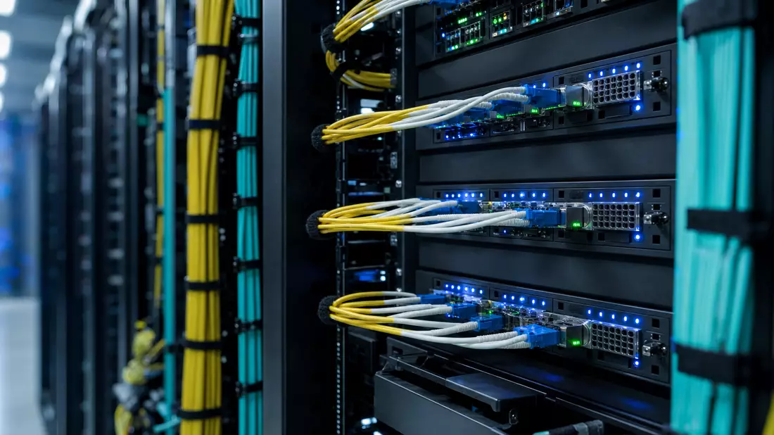 Fotorealistisches Rechenzentrum-Rack mit Glasfaser-Patchpanel und bunten LC-Steckern