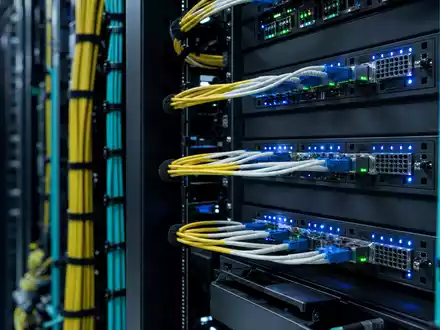 Adtran Networks SE DE000A14U784 – fotorealistisches Rechenzentrum-Rack mit dichten Glasfaser-Patchpanels und blauen LED-Statuslichtern - Foto: THN