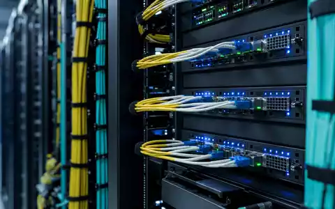 Adtran Networks SE DE000A14U784 – fotorealistisches Rechenzentrum-Rack mit dichten Glasfaser-Patchpanels und blauen LED-Statuslichtern - Foto: THN
