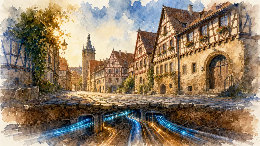 Aquarell einer deutschen Fachwerkstadt mit leuchtenden Glasfaserleitungen unter dem Pflaster