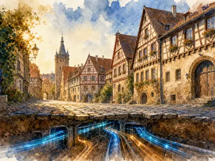 Adtran Networks SE DE000A14U784 – Aquarell einer deutschen Altstadt mit unterirdischer Glasfaser-Breitband-Infrastruktur unter dem Pflaster - Foto: THN