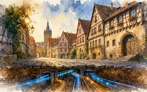 Adtran Networks SE DE000A14U784 – Aquarell einer deutschen Altstadt mit unterirdischer Glasfaser-Breitband-Infrastruktur unter dem Pflaster - Foto: THN