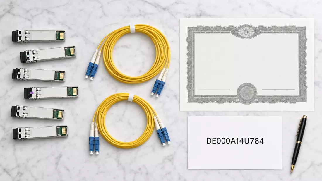 Draufsicht auf SFP-Transceiver-Module, gelbe Glasfaserkabel, Aktienzertifikat und ISIN-Karte