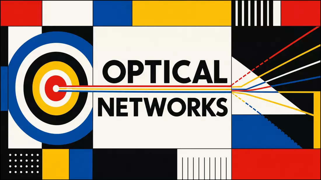 Bauhaus-Poster mit fetten Primärfarben, Kreisen und Schriftzug OPTICAL NETWORKS