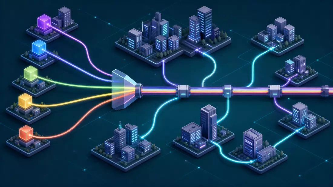 Isometrische 3D-Illustration eines WDM-Netzwerks mit farbigen Lichtwellenlängen und Stadtknoten