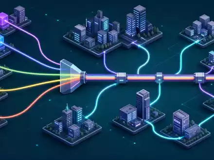 Adtran Networks SE DE000A14U784 – isometrische 3D-WDM-Netzwerktopologie mit farbigen Wellenlängen-Datenströmen und verbundenen Stadtknoten - Foto: THN