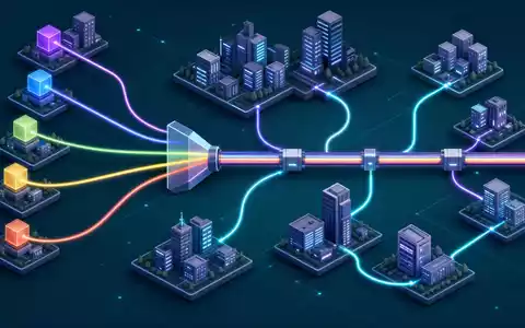 Adtran Networks SE DE000A14U784 – isometrische 3D-WDM-Netzwerktopologie mit farbigen Wellenlängen-Datenströmen und verbundenen Stadtknoten - Foto: THN