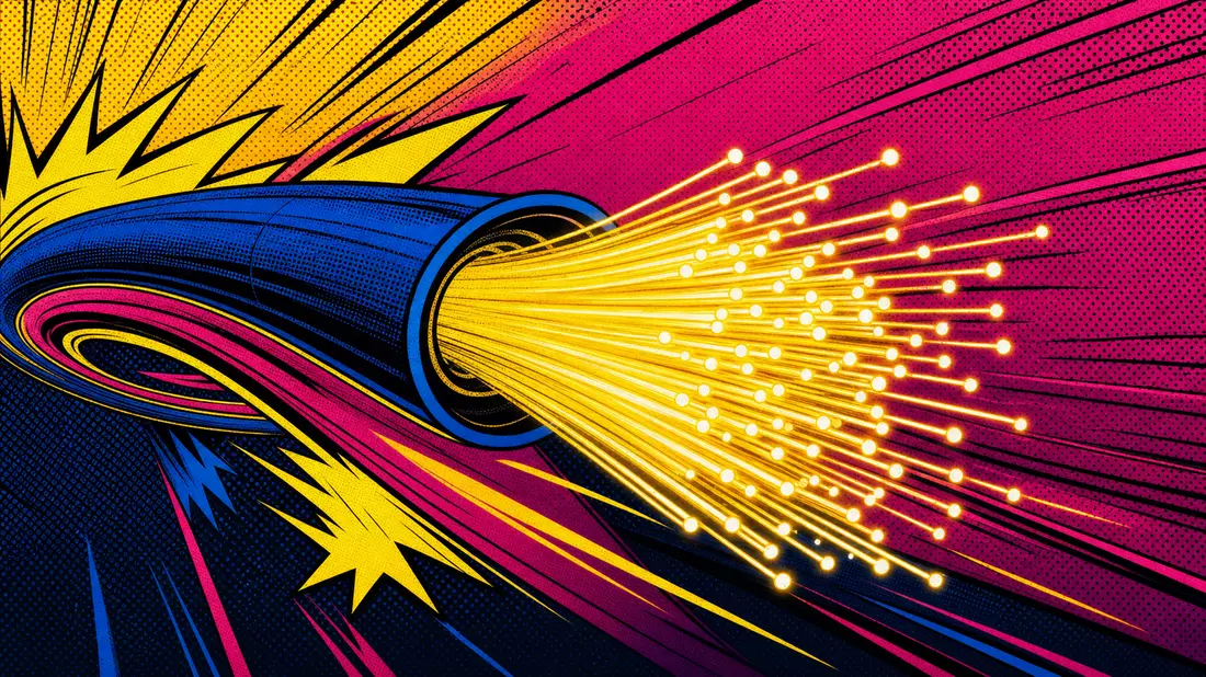 Pop-Art-Comic mit explodierendem Glasfaserkabel, Halbtonpunkten und leuchtenden Lichtstrahlen