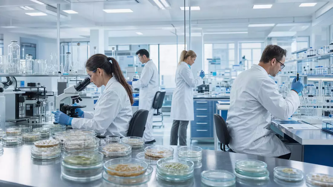 Fotorealistisches Pharma-Forschungslabor mit Petrischalen und Wissenschaftlern in Schutzkleidung