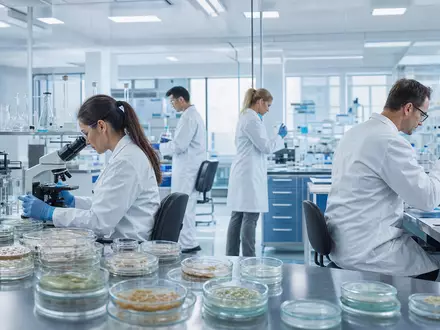 AbbVie Inc. US00287Y1091 fotorealistisches Pharma Forschungslabor mit Petrischalen Wissenschaftlern Immunologie Onkologie Biopharma - Foto: THN