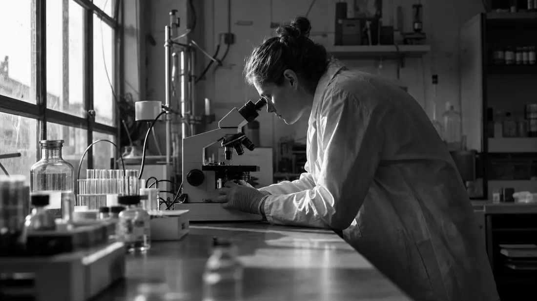 Schwarz-Weiß-Reportagefoto einer Wissenschaftlerin am Mikroskop mit dramatischem Seitenlicht