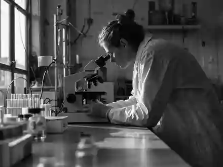 AbbVie Inc. US00287Y1091 Schwarz Weiß Reportage Wissenschaftlerin konzentriert am Mikroskop im sterilen Labor - Foto: THN