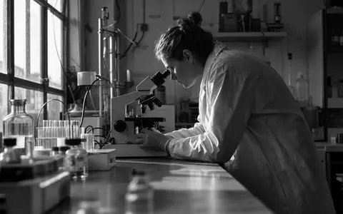 AbbVie Inc. US00287Y1091 Schwarz Weiß Reportage Wissenschaftlerin konzentriert am Mikroskop im sterilen Labor - Foto: THN