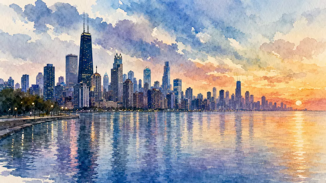 Aquarellgemälde der Chicago-Skyline mit Lake Michigan-Spiegelung bei warmem Abendhimmel