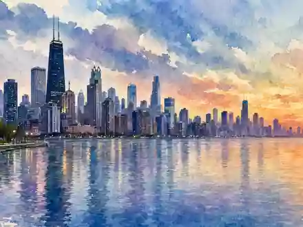 AbbVie Inc. US00287Y1091 Aquarellmalerei der Chicago Skyline am Lake Michigan bei warmem Sonnenuntergang - Foto: THN