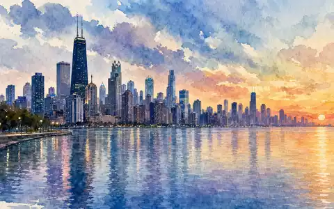 AbbVie Inc. US00287Y1091 Aquarellmalerei der Chicago Skyline am Lake Michigan bei warmem Sonnenuntergang - Foto: THN