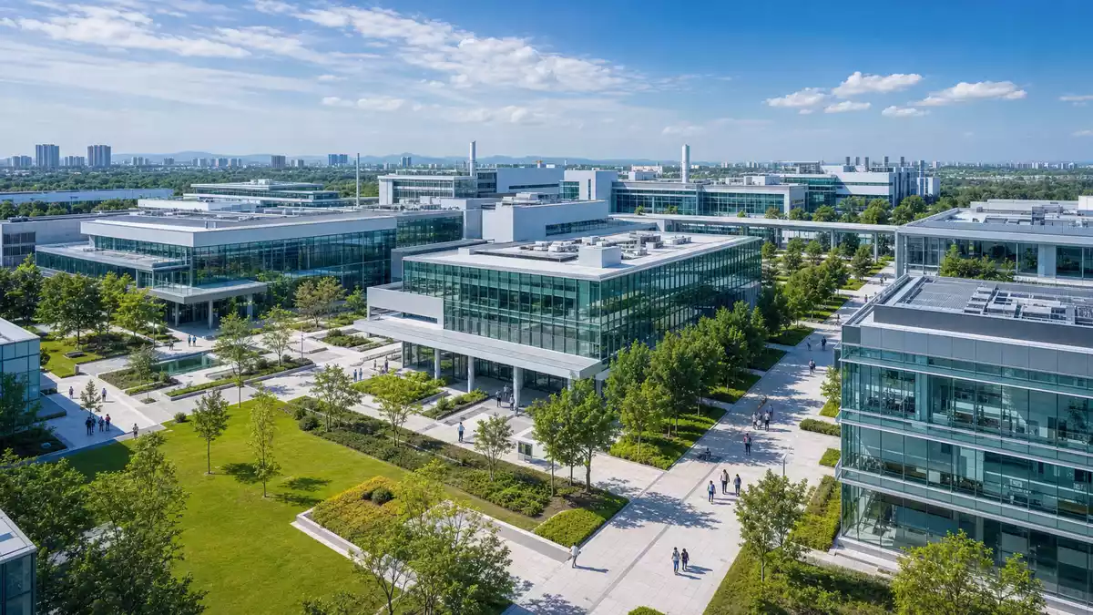 Architektonischer 3D-Render eines modernen Pharmaforschungsgeländes mit Glasbauten und Grünanlagen