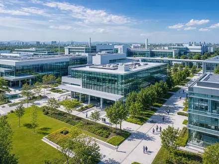 AbbVie Inc. US00287Y1091 Architektur Render moderner Pharma Forschungs Campus Glasbauten Grünanlagen aus Vogelperspektive - Foto: THN