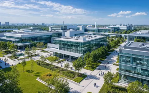 AbbVie Inc. US00287Y1091 Architektur Render moderner Pharma Forschungs Campus Glasbauten Grünanlagen aus Vogelperspektive - Foto: THN