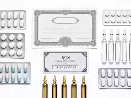 AbbVie Inc. US00287Y1091 Flatlay generische Blisterpackungen Ampullen Pipette Aktien Zertifikat und ISIN Karte - Foto: THN